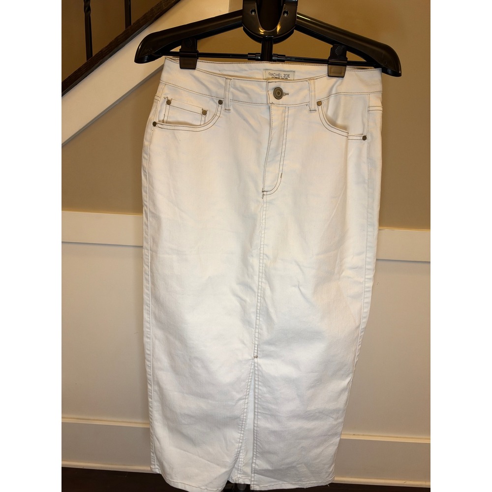 Rachel Zoe White Denim Midi Skirt High Waisted Front Slit Pencil Size 8